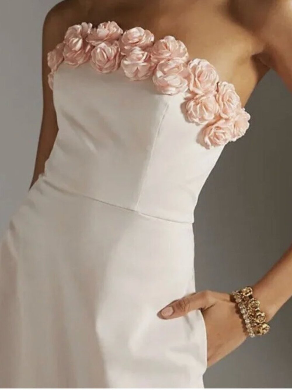 Hutch x Anthropologie 3-D Roses Strapless Pink Ruffled Hem Midi Dress Size 12 - Picture 3 of 9